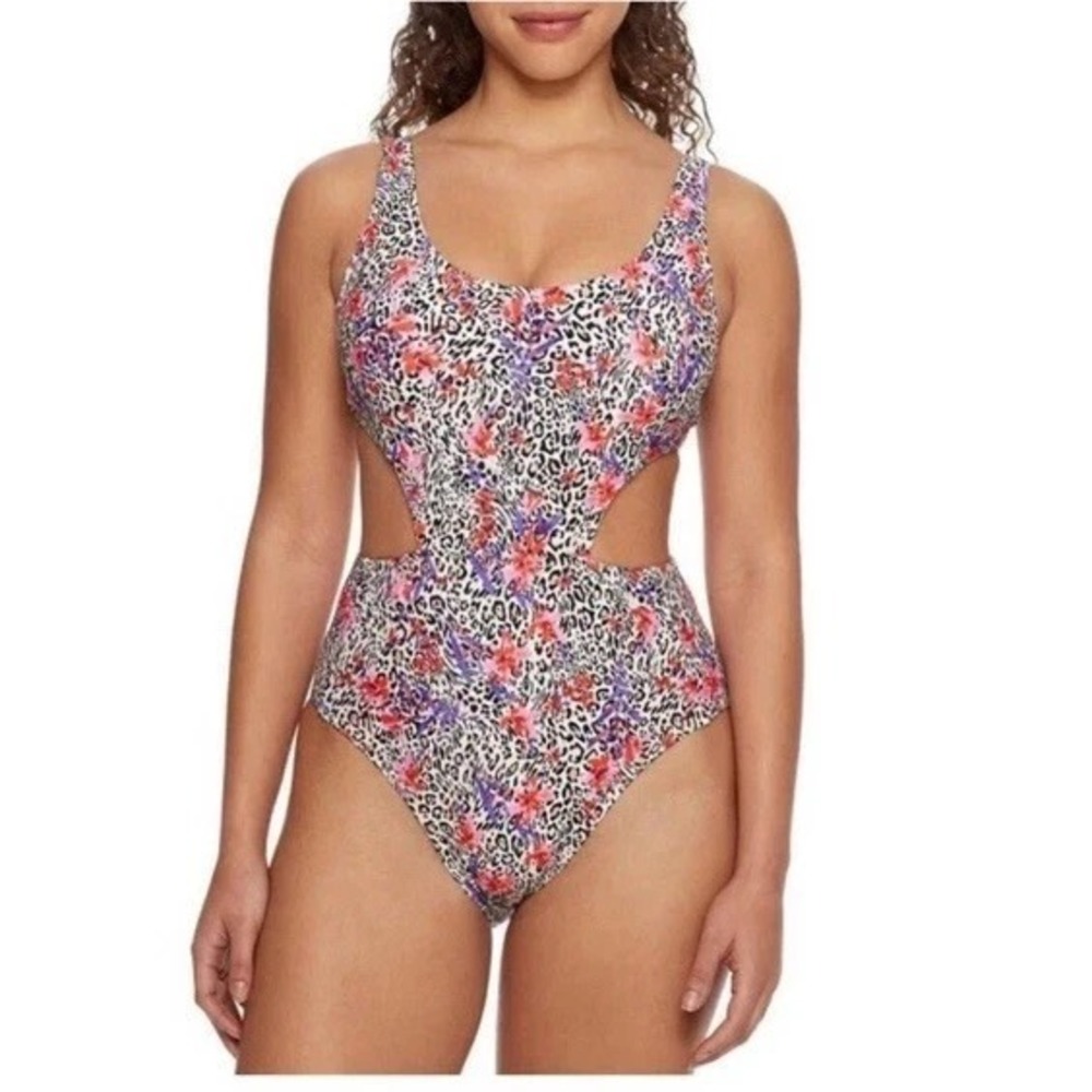 BARE Size XS Cut Out Leopard Floral Underwire One-Piece Swimsuit Animal‎ Print